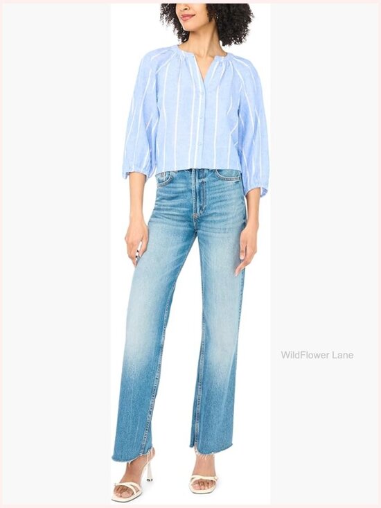 Tops - Striped 3/4 Raglan Sleeve Button Down Blouse